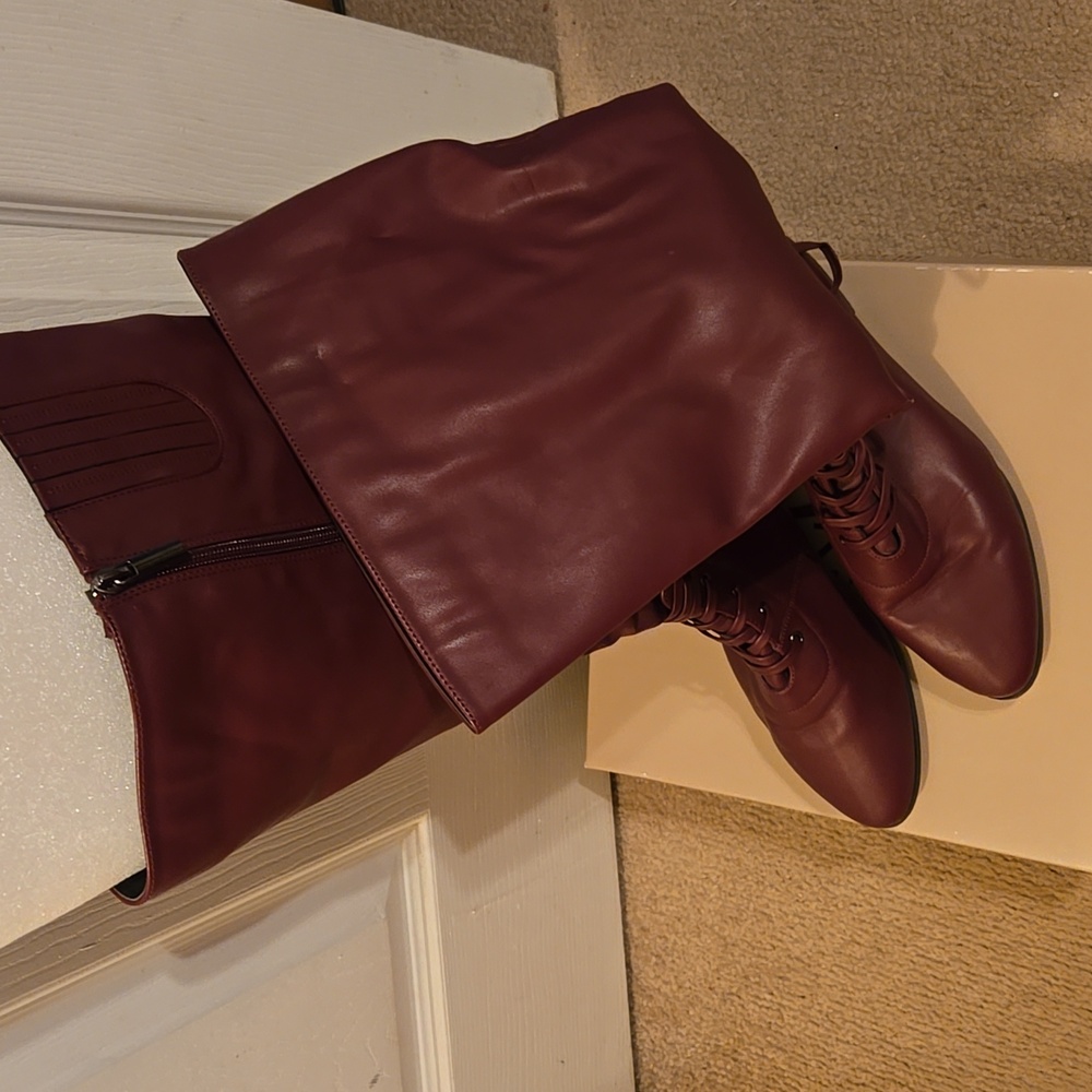 Comfortview Women's Burgundy Knee-High Boots, Low Heel, Size 10.5, Wide Calf